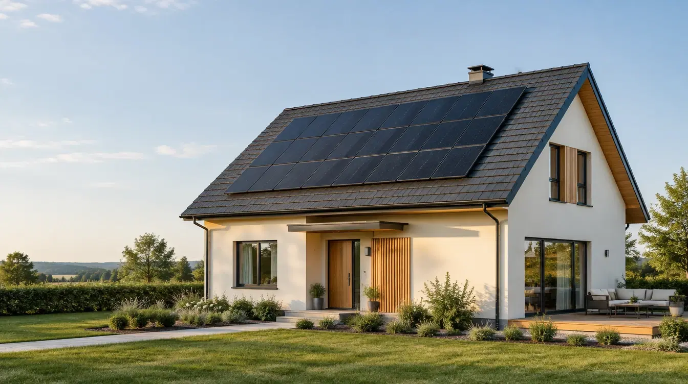A home with rooftop solar panels in the warm evening light